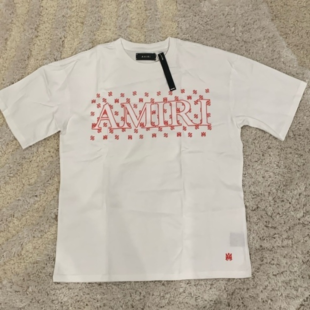 Amiri Stitched Bandana Print Logos MA Splatter T-Shirt White & Red Men’s Large